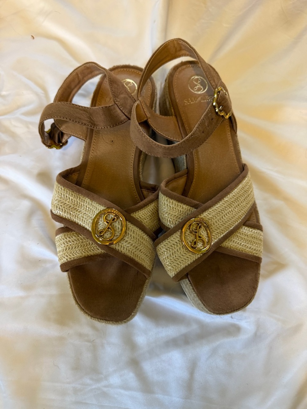 Brown and Natural Woven Women’s Sandal with Gold Accent